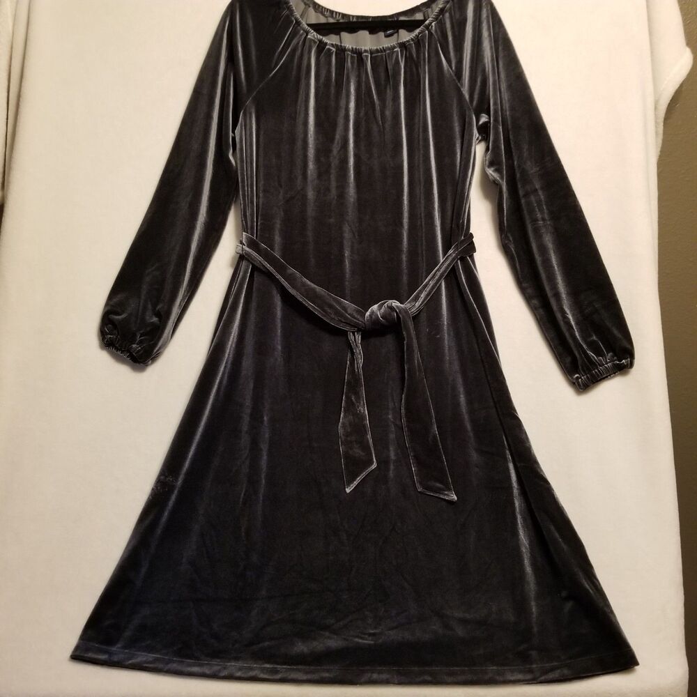 Lands End S Dress Long Sleeve Belted Velvet Midi Stretch Dark Gray Holiday